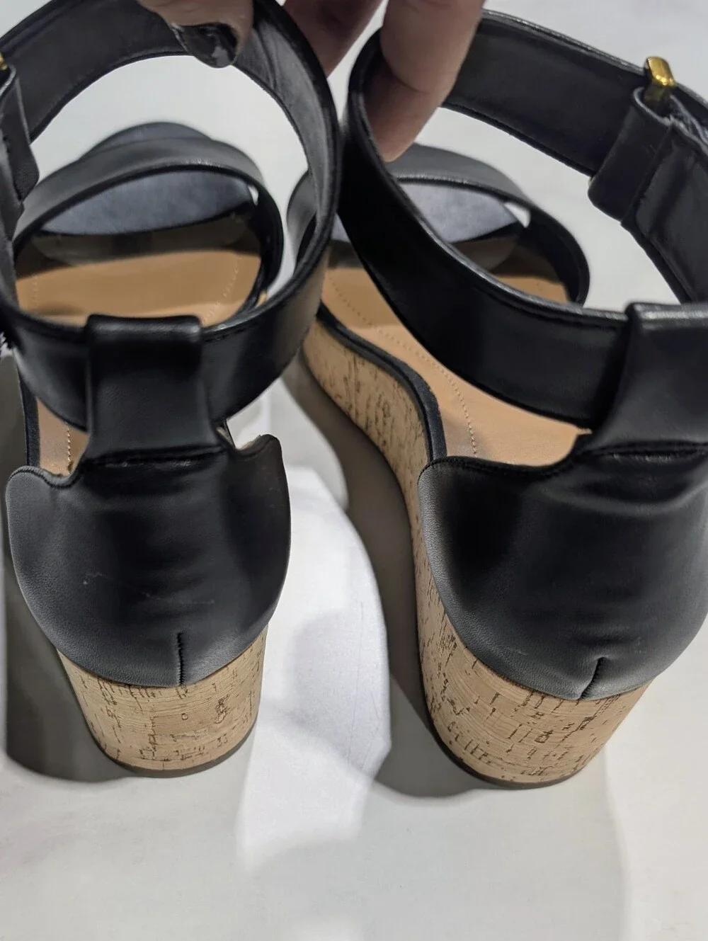 Franco Sarto Black Leather Ankle-Strap Wedge Sandals with Gold Buckle